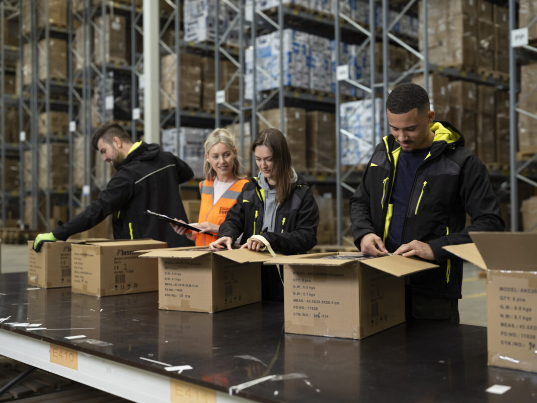 Productie in magazijn met 4 personen